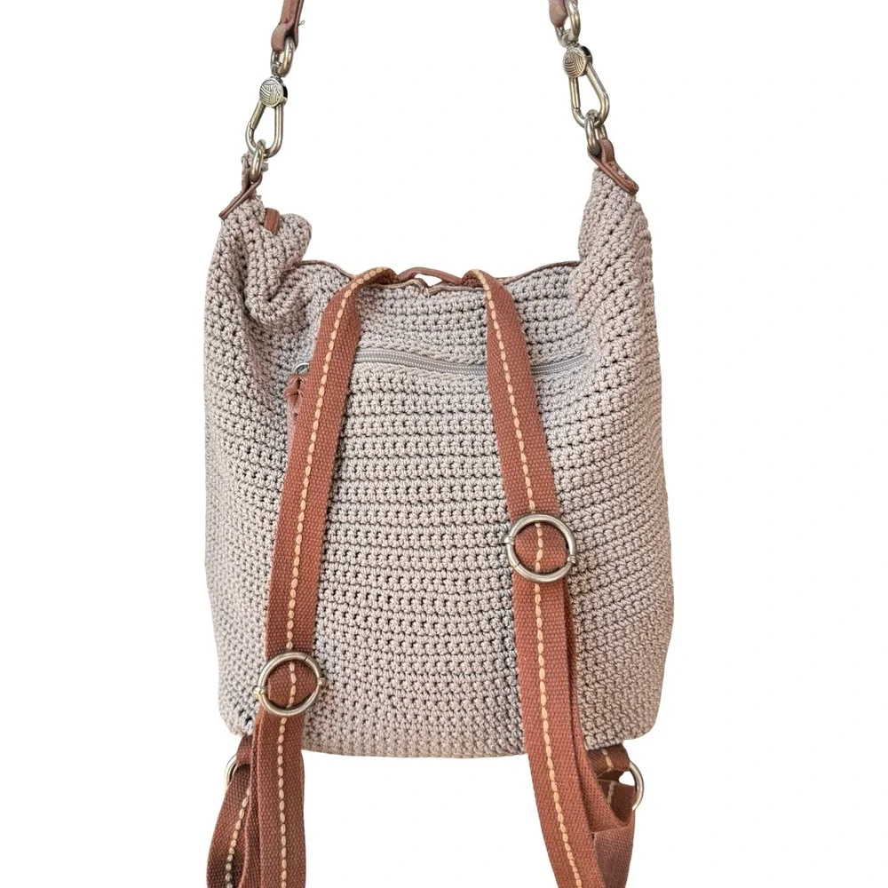 The Sak Avalon Crochet Convertible Backpack Taupe Leather Trim Boho Front Zip